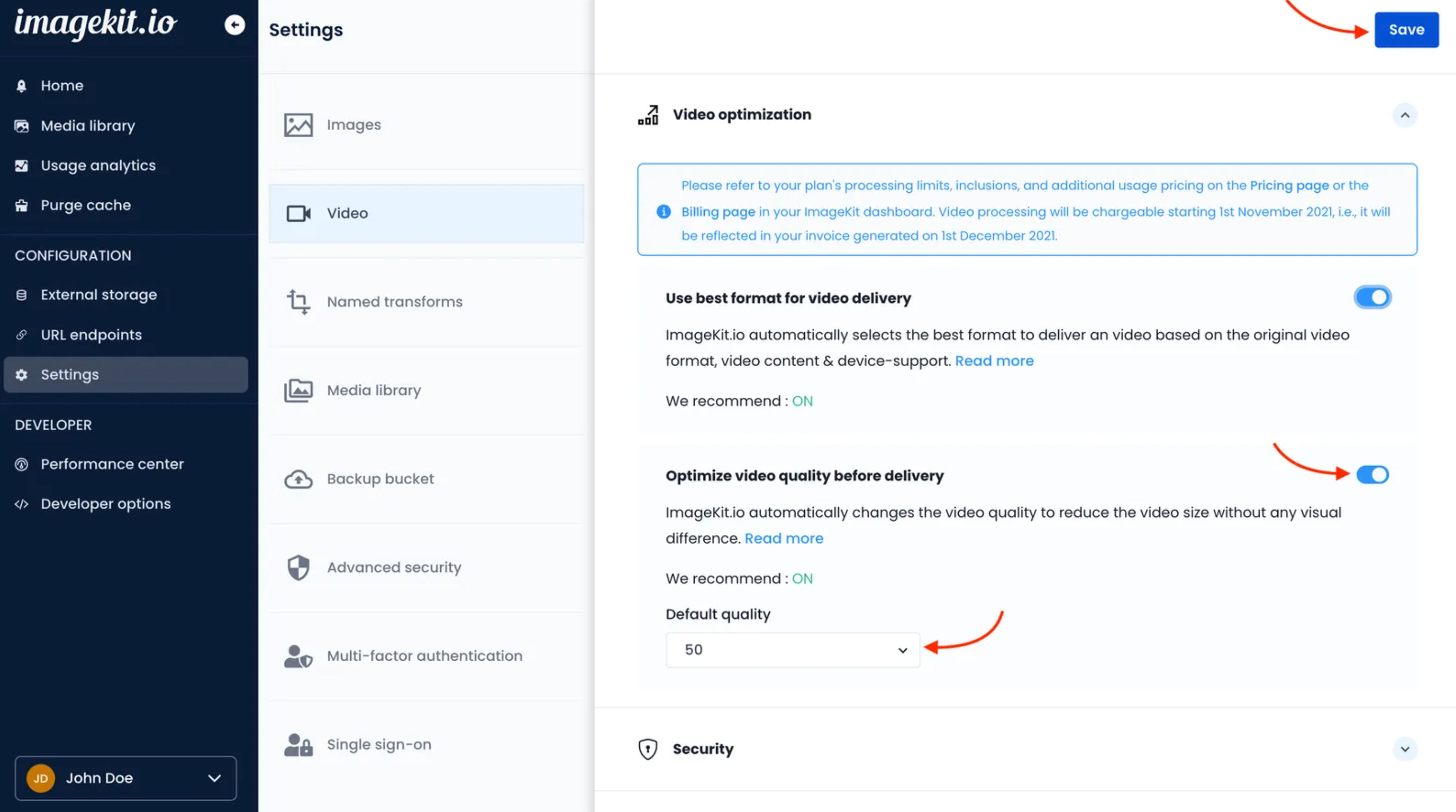 Automatic video optimization from ImageKit's dashboard